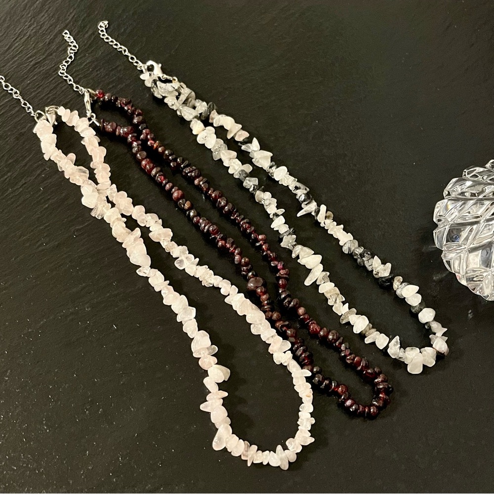 Set of 3 Chip Stone Light Pink, Red, Multicolored White Black Gray Necklaces